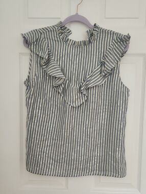 Ruffled Sleeveless Striped Blouse - Blue and White